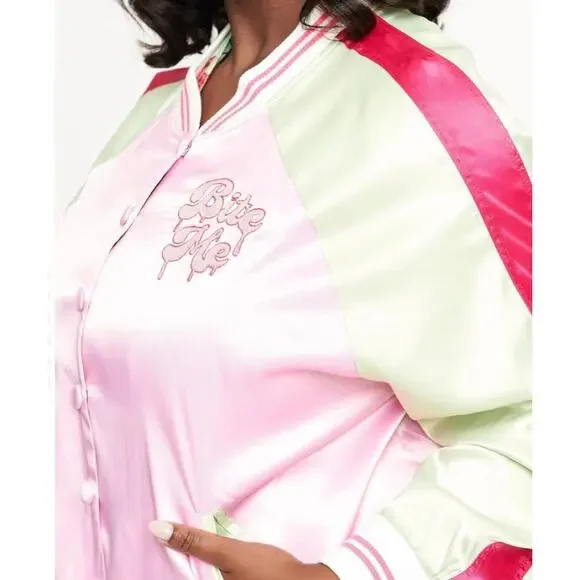 Unique Vintage Pink Green Bite Me Satin Bomber Jacket 1X 16 NWT - Picture 3 of 6